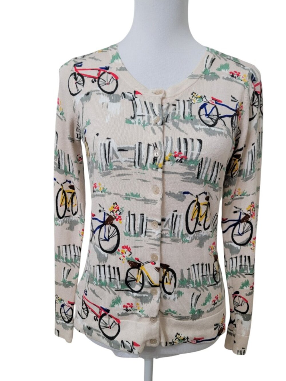 Charter Club Size S Cream Colored Button Front Cardigan, Bicycle, Fence Pattern